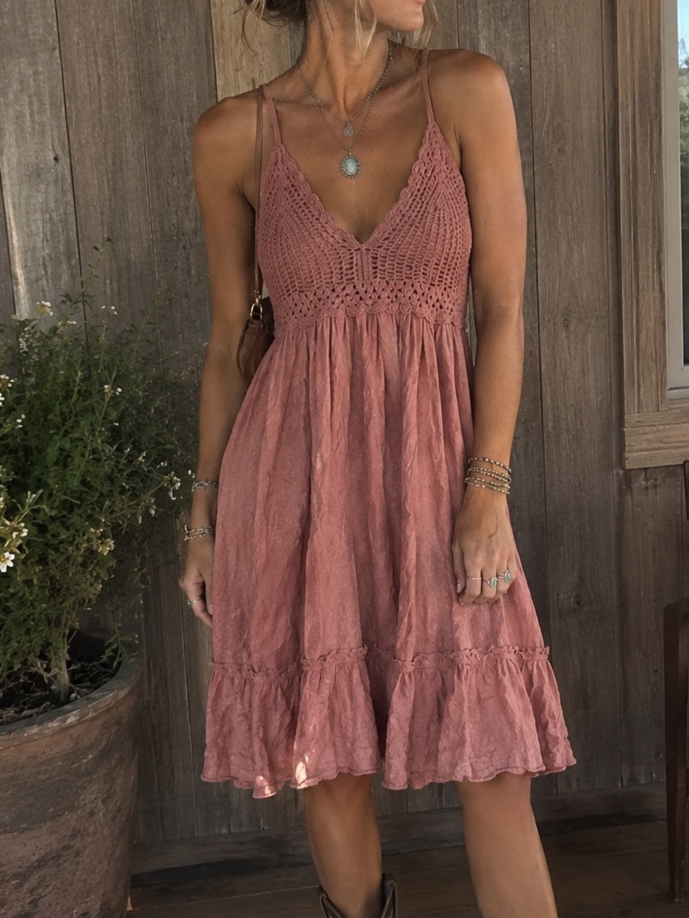 indulge Dusty Rose Crochet Bodice Spaghetti Strap Mini Dress